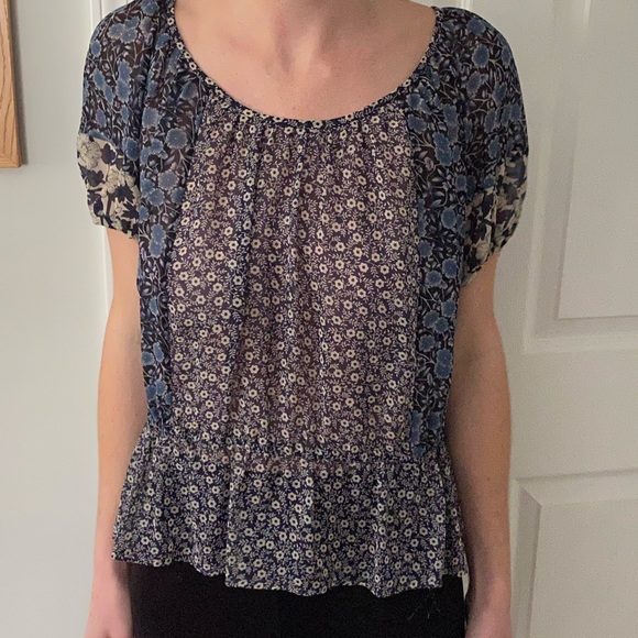 Joie Blouse - Blue Floral Print. cinched waist - Picture 3 of 3